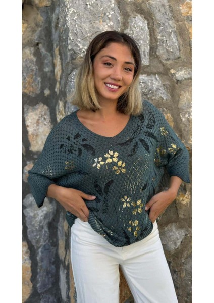 LS7514 Italyan Yaprak Desen Triko Bluz Petrol