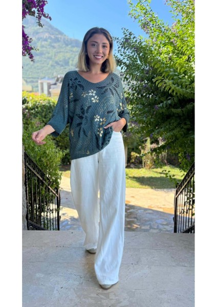 LS7514 Italyan Yaprak Desen Triko Bluz Petrol fiyatları