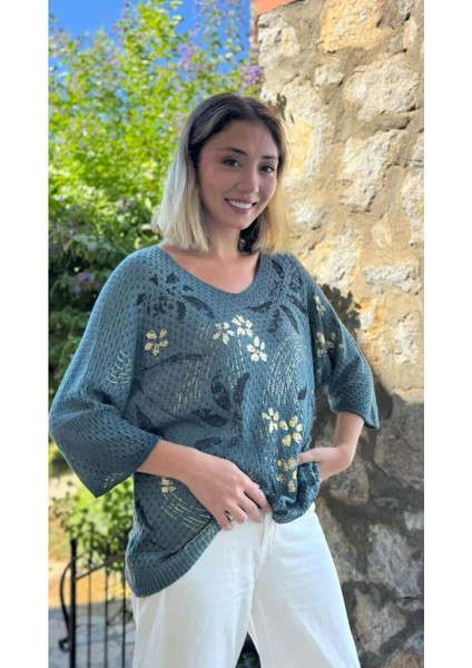 LS7514 Italyan Yaprak Desen Triko Bluz Petrol modelleri