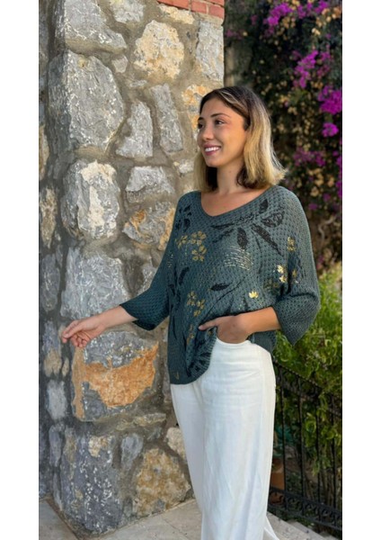 LS7514 Italyan Yaprak Desen Triko Bluz Petrol fırsatları