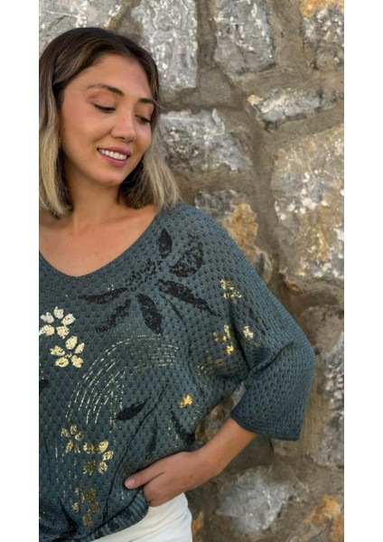 LS7514 Italyan Yaprak Desen Triko Bluz Petrol indirimleri