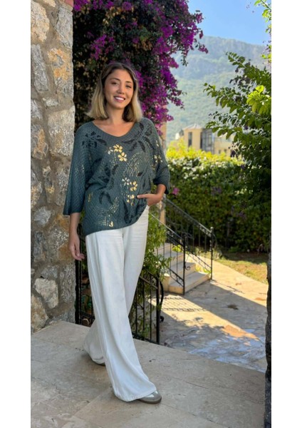 LS7514 Italyan Yaprak Desen Triko Bluz Petrol