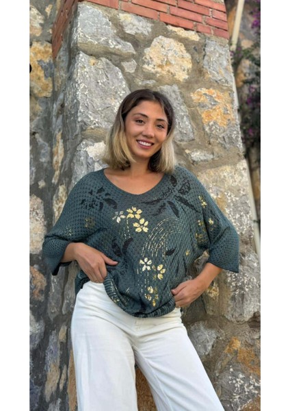 LS7514 Italyan Yaprak Desen Triko Bluz Petrol