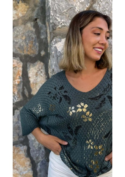 LS7514 Italyan Yaprak Desen Triko Bluz Petrol