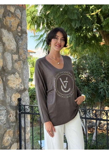 LS82681 Italyan Taş Baskılı Triko Bluz Kahverengi