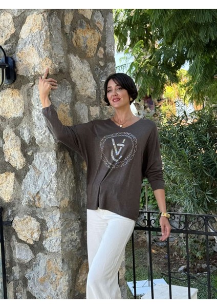 LS82681 Italyan Taş Baskılı Triko Bluz Kahverengi fiyatları