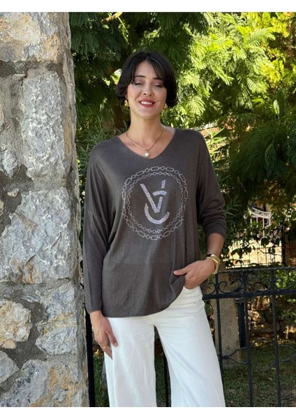 LS82681 Italyan Taş Baskılı Triko Bluz Kahverengi modelleri