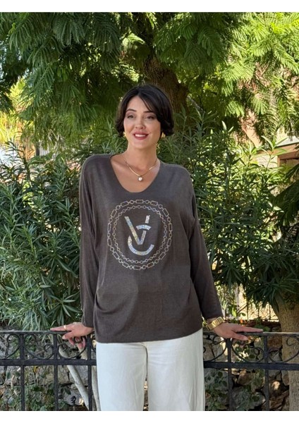 LS82681 Italyan Taş Baskılı Triko Bluz Kahverengi fırsatları