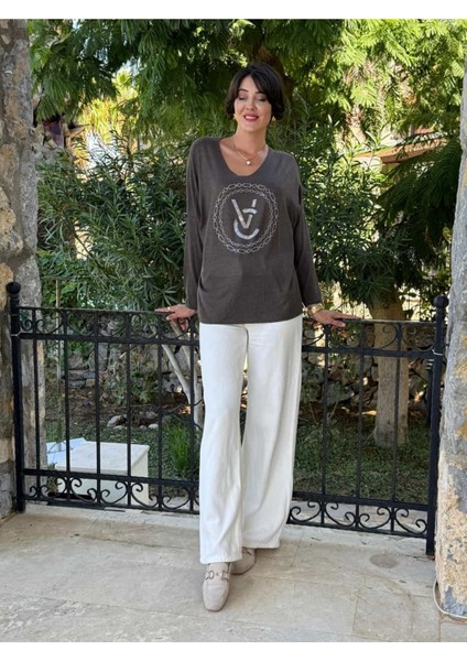 LS82681 Italyan Taş Baskılı Triko Bluz Kahverengi indirimleri