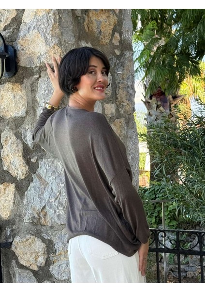 LS82681 Italyan Taş Baskılı Triko Bluz Kahverengi