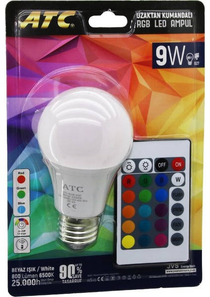 ATC-RGB-9W Kumandalı 9W=60W Rgb=16-Renkli LED Ampul E27 800 Lümen 6500K 25.000 Saat Ömür (4989)