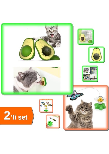 Avokado Tasarımlı Kedi Yalama Topu + Hareketli Dönen Kelebek Kedi Oyuncağı 2’li Set Avkcl1