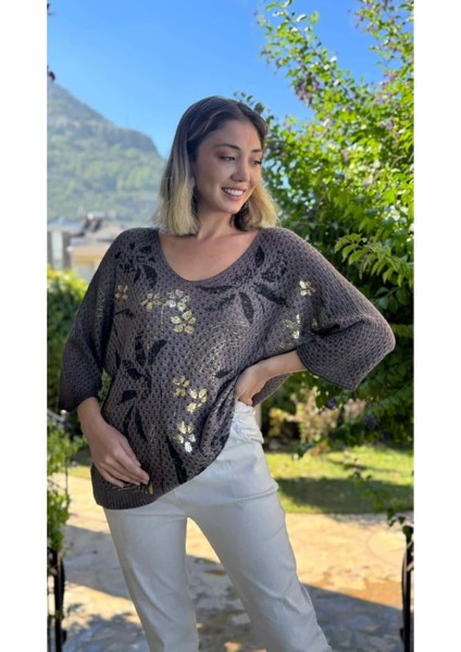 LS7514 Italyan Yaprak Desen Triko Bluz Kahverengi