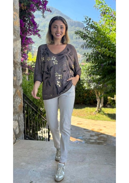 LS7514 Italyan Yaprak Desen Triko Bluz Kahverengi fiyatları
