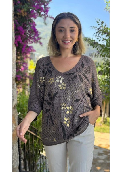 LS7514 Italyan Yaprak Desen Triko Bluz Kahverengi modelleri