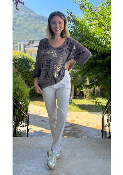 LS7514 Italyan Yaprak Desen Triko Bluz Kahverengi indirimleri