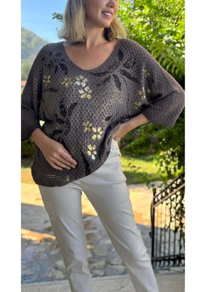 LS7514 Italyan Yaprak Desen Triko Bluz Kahverengi