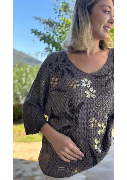 LS7514 Italyan Yaprak Desen Triko Bluz Kahverengi