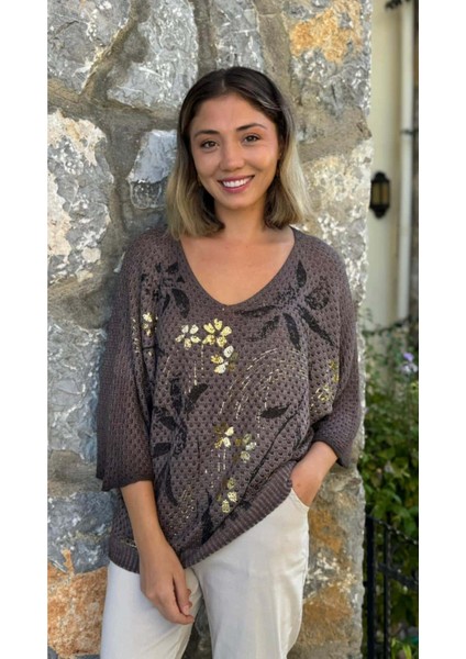 LS7514 Italyan Yaprak Desen Triko Bluz Kahverengi