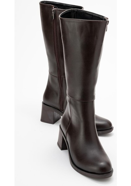 Topuklu Kadın Çizme Kahve Cilt