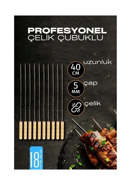 Bx Çelik Şiş Çubuğu - Mangal Şişi Ahşap Saplı Kebap Şişi 18 Adet