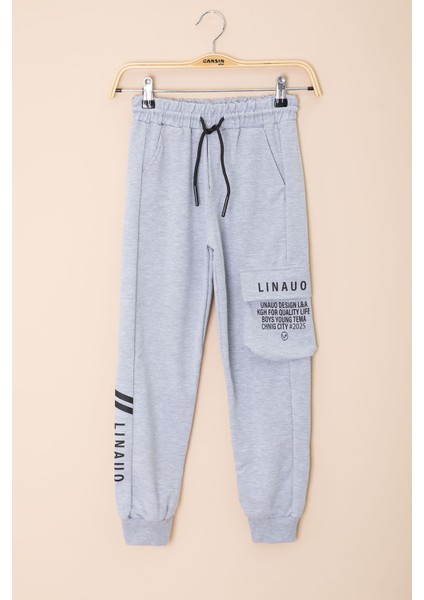 Gri Yazı Baskılı Cepli Erkek Çocuk Beli Lastikli Eşofman Altı 20203