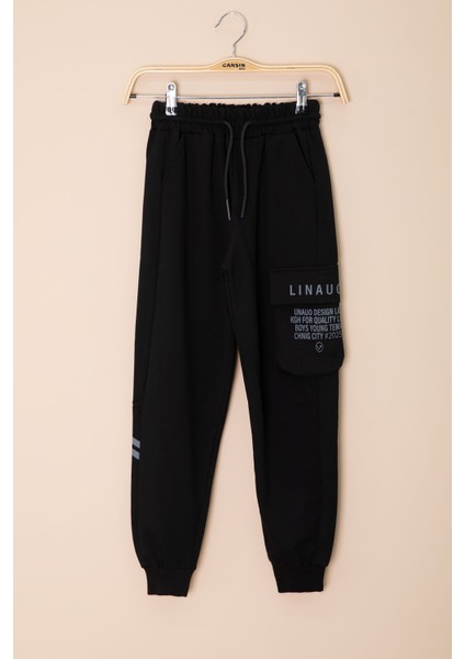 Siyah Yazı Baskılı Cepli Erkek Çocuk Beli Lastikli Eşofman Altı 20202