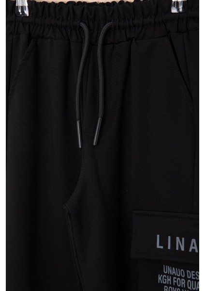 Siyah Yazı Baskılı Cepli Erkek Çocuk Beli Lastikli Eşofman Altı 20202 modelleri