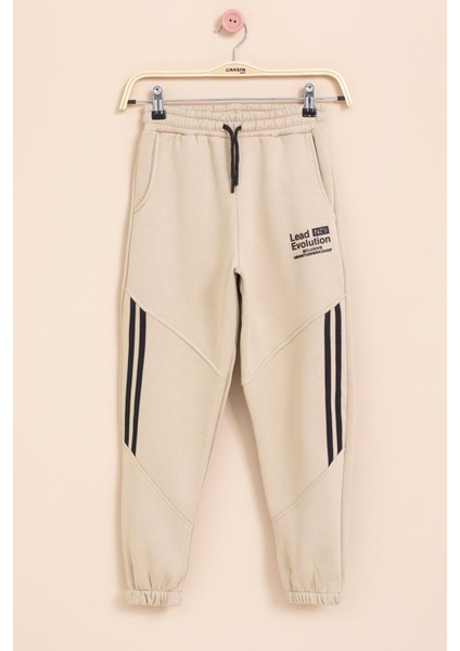 Bej Şerit Detaylı Yazı Baskılı Beli Lastikli Erkek Çocuk Eşofman Altı 21458