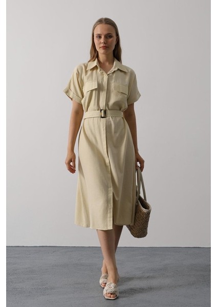 Kuşaklı Cep Detaylı Yarım Kol Elbise - Ekru L-Ekru