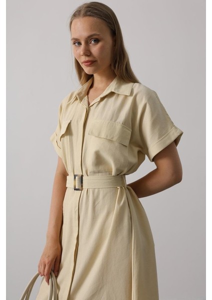 Kuşaklı Cep Detaylı Yarım Kol Elbise - Ekru L-Ekru modelleri