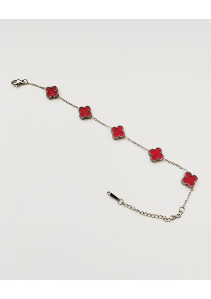 Çelik Koyu Kırmızı Yonca Bileklik Gümüş Renk