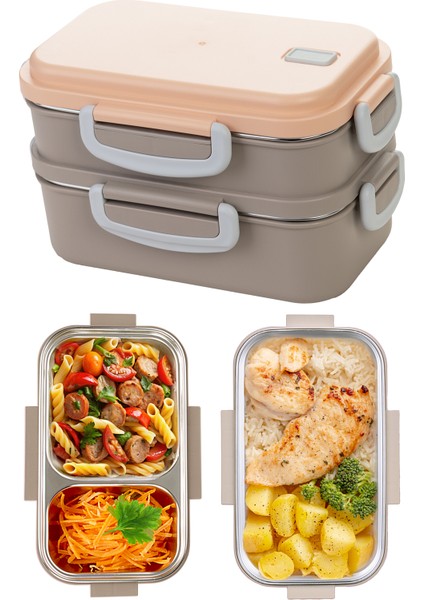 Aura Çift Katlı Beslenme Kabı (450 ml + 400 Ml) Paslanmaz Çelik Yemek Saklama Kabı