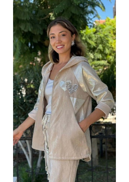 LS14525 Italyan Kalp Parlak Desen Kadife Ceket Bej