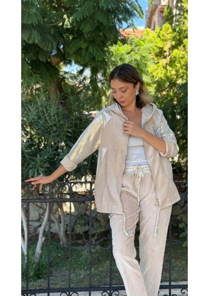 LS14525 Italyan Kalp Parlak Desen Kadife Ceket Bej fiyatları