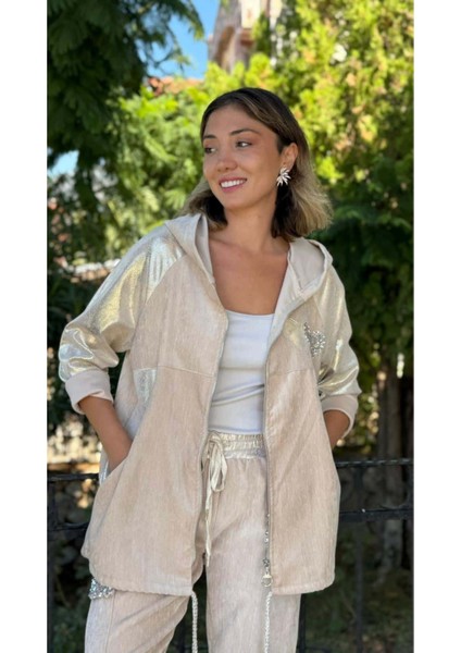 LS14525 Italyan Kalp Parlak Desen Kadife Ceket Bej modelleri