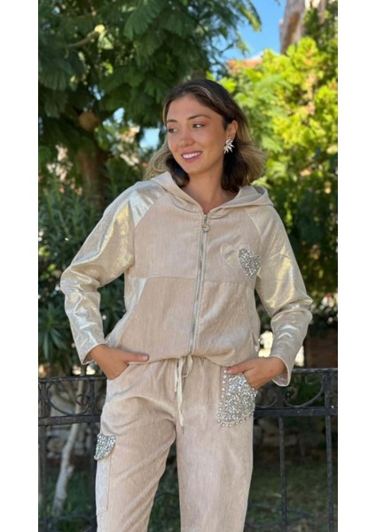 LS14525 Italyan Kalp Parlak Desen Kadife Ceket Bej fırsatları