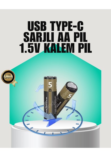 1.5V Aa Şarjlı Lityum Pil | 1000+ Kez Şarj Edilebilir | Hızlı Type-C Şarj (2 Adet)