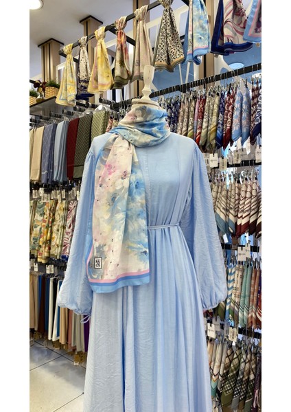 Nazlı Bahar Şal Mavi - Beyaz Eşarp