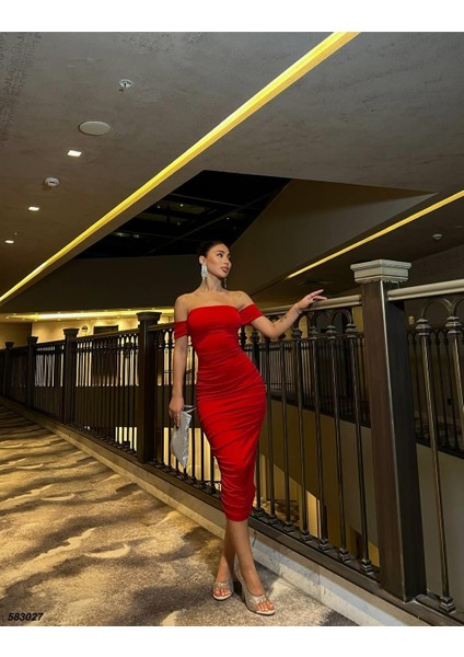 Kadın Düşük Omuz Drapeli Midi Elbise 583027 Kirmizi fiyatları