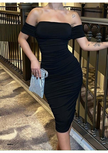 Kadın Düşük Omuz Drapeli Midi Elbise 583027 Siyah fırsatları