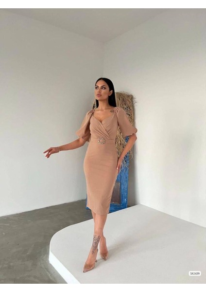 Kendinden Kemerli Krep Kumaş Kısa Kollu Elbise 582439VIZON