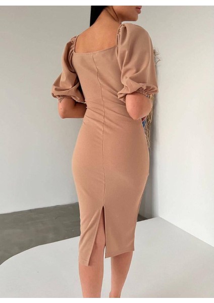 Kendinden Kemerli Krep Kumaş Kısa Kollu Elbise 582439VIZON fiyatları
