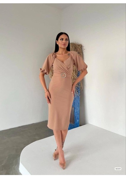 Kendinden Kemerli Krep Kumaş Kısa Kollu Elbise 582439VIZON modelleri