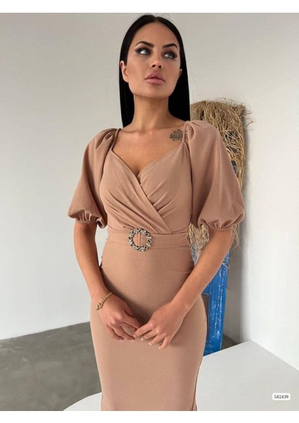 Kendinden Kemerli Krep Kumaş Kısa Kollu Elbise 582439VIZON fırsatları