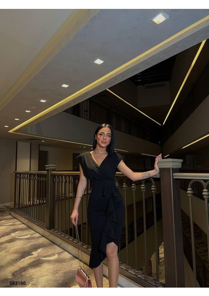 Kadın Esnek Krep Kumaş Kruvaze Yaka Volanlı Tasarım Abiye Elbise 583160 Siyah fiyatları