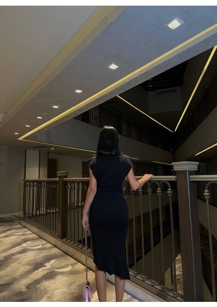 Kadın Esnek Krep Kumaş Kruvaze Yaka Volanlı Tasarım Abiye Elbise 583160 Siyah modelleri