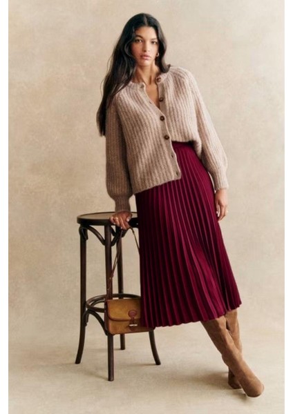 Bordo Pileli Kemerli Uzun Süet Kadın Etek MG2576