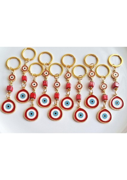 Yeni Yıl Hediyesi 10'lu Büyük Nazar Boncuklu Kırmızı Anahtarlık - Yılbaşı Hediyesi Kurumsal Hediyelik Öğretmenler Günü Hediyesi