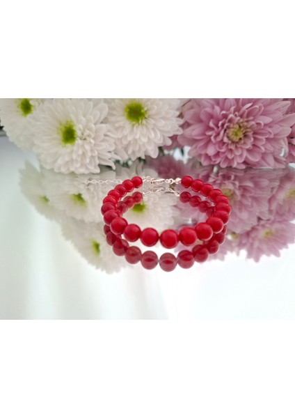 Kırmızı Mercan 925 Ayar Gümüş Bağlantılı Bileklik 8 mm